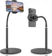 Cell Phone Stand, Adjustable Height & Angle Gooseneck Phone Stand for Desk Flexible Arm Universal Phone Holder, Aluminum Alloy Desktop Phone Stand for Recording Compatible with 3.5"-7" Device (Black)