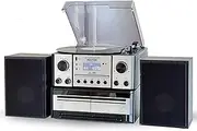 [Steepletone] BOSTON 5 in 1 Music Centre, Bluetooth Vinyl Record Player, Turntable with CD, Cassette, FM Radio and Aux in, USB MP3 playback & Encoding, Remote Control, with Standalone Stereo Speakers