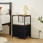 Side End Table Nightstand w Charging Station USB Port 2 Fabric Drawer Open Shelf