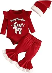 [Generic] Girl Outfits Size 6X Kids Outfit Soft Cotton Warm Crewneck Christmas Fly Sleeve Baby Fawn Alphabet Printed Bodysuit + Fashion Flared Pants + Christmas Hat Set for Boys 18 Month Girls (B, 6-9 Months)