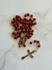 Dark Maroon Colour Coral Glass Beads Rosary For Catholic Prayers / Church / Gift