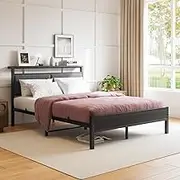 FOUBAM Full Size Bed Frame with Fabric Upholstered Headboard,Double Bed Frame Platform Bed Frame Full with Storage Headboard,and Slats Support, Mattress Foundation/Easy Assembly (Black)