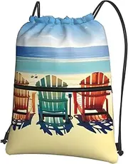 EdWal Beach Scene With Chairs Print Drawstring Backpack Gym Bags Sports Bags With Zipper Pocket For Travel Beach, Black, One Size
