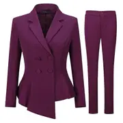 Allthemen Womens 2-Piece Business Professional Office Lady Double Breasted Asymmetric Slim Fit Suit (Blazer + Pants) Burgundy L