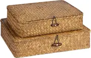 FOSSORH Set of 2 Flat Seagrass Storage Bins with Lid Wicker Storage Baskets for