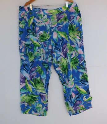 New Autograph Pants 22 Womens Ankle Button Tab Linen Blend Elastic Waist Floral