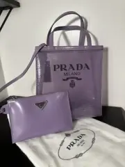 PRADA Logo Sequined Small Lily Tote Mesh Semi Transparent w Pouch Purple NWT NEW