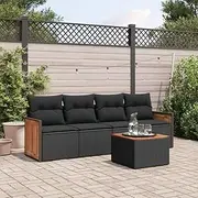 5 Piece Garden Sofa Set with Cushions Black Poly Rattan,Outdoor Furniture Sets-3227455