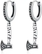 [YueYuan] Viking Axe Earrings 925 Sterling Silver Viking Rune Hoop Earrings Viking Jewelry Gifts for Men Birthday Father's Day, 1.1 inch/28 mm, Sterling Silver, No Gemstone