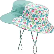 [Exemaba] Baby Sun Hat Adjustable - 2pcs Toddler Kids Wide Brim Bucket UPF 50+ Summer Play Hat with Chin Strap