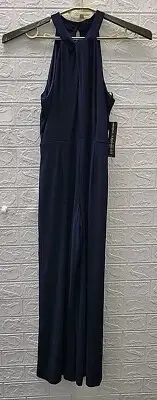 New Nina Leonard Cross Halter Jumpsuit Navy Size Medium