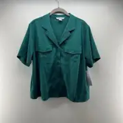 Athleta Echo Top Green Womens Large Button Up Short Sleeve Collared NWT