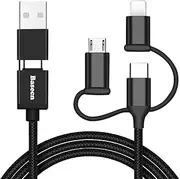 Basecn USB Cable 6-in-1 Multi Ports Portable 60W Fast Charging and Data Sync, USB A/C to iPhone/TypeC/Micro, Phone to Phone Charging,Compatible with iPhone/iPad/Laptop/Tablet,Nylon Braided(1m 1-Pack)