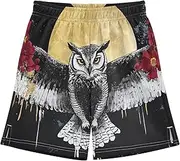 [WOIWB] Boys' Shorts with Pockets-Owl Moon Red Flower, Kid's Athletic Shorts for Sport Home XS