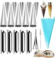 RoseFlower Non-Stick Cream Horn Moulds, 18 Pcs Stainless Steel Cannoli Form Tubes Cream Roll Mould Screw Croissant Mold Pastry Cone Shaper with Clean Brush - Pastry Baking Set for Christmas Halloween