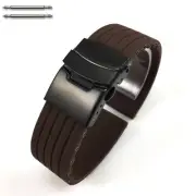 Brown Rubber Silicone Watch Band Strap Double Locking Black Steel Buckle #4018