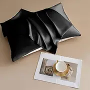 THXSILK 100% Mulberry Silk Pillowcase with Cotton Underside, Silk Pillowcase for Hair and Skin, Standard Size Grade 6A+ Mulberry Silk, Soft Breathable Pillow Cover with Zipper, 1 Pack (Black,Standard)