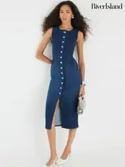River Island Blue Denim Button Front Midi Dress (W82293) | $127