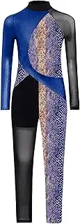 [Hedmy] Color Block Long Sleeve Unitard for Girls Dance Gymnastics Leotard Snakeskin Printed Full Bodysuit