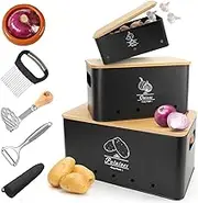 Blissify Potato Garlic Onion Storage Bins, 3 Pack Vegetable Storage Tins with Utility Tools, Kitchen Food Container, Pantry Organiser Canisters with Bamboo Lids & Aerating Holes, Black