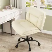 CostwayPU Leather Swivel Armless Desk Chair with Wide Backrest Seat and Adjustable Height-Beige