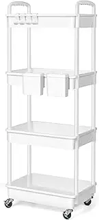 4 Tier Storage Cart with Hooks & Cups,Rolling Trolley Organizer with Wheels,Plastic Utility Cart for Office,Bathroom,Kitchen,White