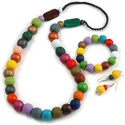 [Avalaya] Multicoloured Long Wooden Bead Necklace, Flex Bracelet and Drop Earrings Set - 80cm Long, One Size, wood, cords, No Gemstone