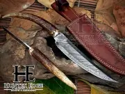 HUNTEX Handmade Damascus Blade, Deer Antler Handle, Long Bladed Skinner Knife
