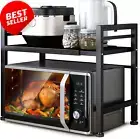 2-Tier Expandable Microwave Oven Rack Countertop Storage Shelf w/ 6 Hooks