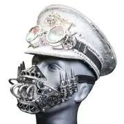 White Sequins Steampunk Captain Cap Kaleidoscope Goggle with Silver Mouth Mask