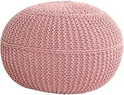 Hand Knitted Round Pouf Ottoman,Cable Style Cotton Braided Rope Floor Ottomans Comfortable Seat Footstool-Pink 48x48x35cm(19x19x14inch)