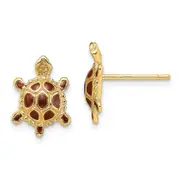 14K Yellow Gold Sea Turtle W/Spiny Brown Enamel Shell Earrings