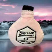 Plush Dog Perfume Bottle Toy Pup Cute Pink Chew Toy Squeak Play Fun Fetch Gift