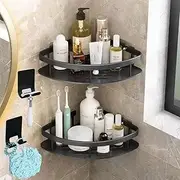 CJWLKJ 2-Pack Corner Shower Caddy, Shower Organizer with 4 Hooks, Adhesive Rust Proof Shower Shelf, Storage Shelf Shower Rack for Toilet, Bathroom and Kitchen No Drilling (Black)