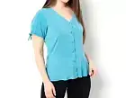 Susan Graver Liquid Knit Button-Front Peplum Top- TEAL RIDGE, XXS