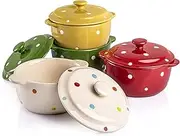 AVLA 4 Pack Porcelain Ramekins, 9 OZ Mini Casserole Bowl with Lid and Handle, Ceramic Souffle Soup Creme Brulee Bowls, Oven Safe, Mini Casserole Dish (Polka Dot, Assorted Color)