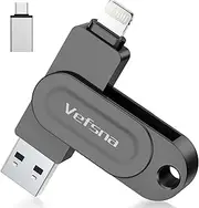 Vefsna MFi Certification iPhone Stick 256GB External Memory for Downloading Photos, USB Flash Drive C 3.0, Photo Stick, 3 in 1 USB Flash Drive for IOS/iPad/Android/PC (Photo/Video/Backup), Light Black