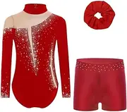 [Aislor] Kids Girls Sparkly Long Sleeve Gymnastics Leotard Tumbling Biketard Bodysuit With Shorts Hair Tie Set Activewear