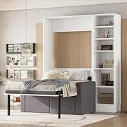 Jintop Twin Size Murphy Bed Wall Bed with Sofa,with Integrated Floor-Level Storage Cubbies,can be Folded,Hideaway Cabinet Bed Frame w/ 6-Layer Cabinets,for Apartment,Bedroom,Guest Room,White