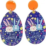 [Fuqimanman2020] Cute Happy Easter Rabbit Egg Shape Flower Print Wooden Dangle Earrings for Women Girls Jewelry