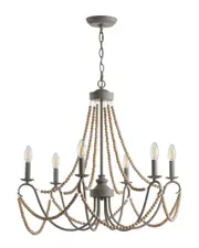 JONATHAN Y Rustica 6-Light 27in Adjustable Greige Metal/Wood Bead LED Chandelier