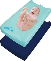 Changing Pad Cover Waterproof, 2 Pack Diaper Change Table Sheets for Baby Boys Girls, Fitted Cradle Sheets for 32"x16" Contoured Pad, Breathable & Ultra Soft, Aqua and Navy