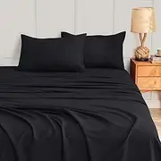 LINENOVA 4 Piece Double Bed Sheet Set- 1200TC Ultra-Soft Microfibre Bed Sheets - Fitted Sheet & Flat Sheet & 2 Pillowcases- Wrinkle, Fade, Stain Resistant - Deep Pocket (Black, Double)