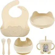 6Pcs Silicone Baby Feeding Set, Easy to Grip Baby Tableware Set, Non Slip Infant Weaning Supplies, No Mess Divided Suction Plate, Suction Bowl, Spoon and Fork, Foster Self Eating for Toddler (Beige)