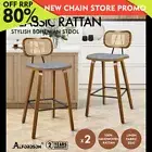 ALFORDSON 2x Bar Stools Kitchen Vintage Fabric Seat Rattan Chair Wooden Grey
