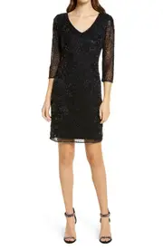 Pisarro Nights Beaded V-Neck Cocktail Dress in Black at Nordstrom, Size 14