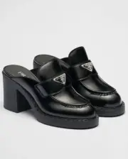 Prada Chocolate Flow Brushed Leather Heeled Loafers Mules Black Size 38.5/8.5