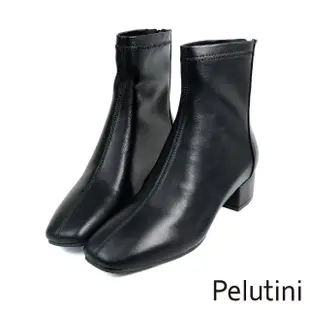 【Pelutini】經典素面方頭粗跟拉鍊短襪靴 黑色(PE2022W-BL)