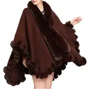 Nevenka Womens Faux Fox Fur Trim Cardigan Shawl Oversized Cape-Brown
