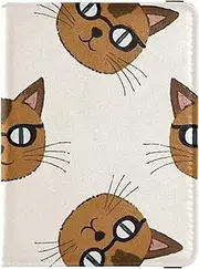 [Amooorous] Cartoons Love Brown Cats with Glasses Leather decorative Passport Holder Cover Wallet Wallet Combo Passport Holder Combo with Vaccine Card Slot Ultra Slim, Cartoons love brown cats with glasses, 1